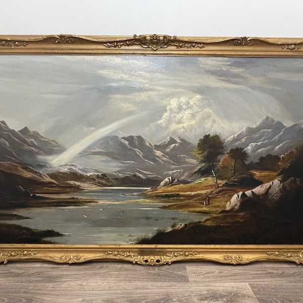 Huge 19th Century Oil Painting Snowdonia Mountain Range By Charles Leslie