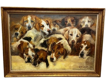 Portrait Oil Painting Pack Tired English Foxhounds Morning After Bicester Hunt
