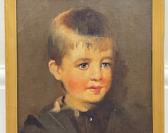 Verzamelbare Victoriaanse olieverfschilderij Portret "Blauwe Ogen" Blonde Jongen