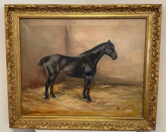 French Oil Painting Portrait Black Bay Hunter Horse In Stable Signed Alice Mary Burton RBA