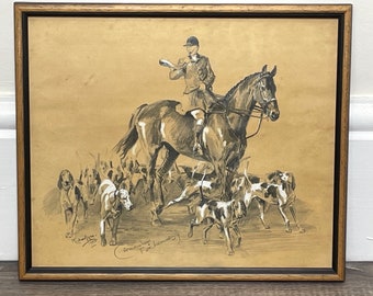 Drawing Altrincham Fox Hunters Scent Hounds Signed Michael Lyne 1912-1989