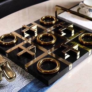 LuxLand Home Modern Tic Tac Toe for Home Decoration, Gold and Black Hand Crafted with Black Wood and Gold Color Stainless Steel