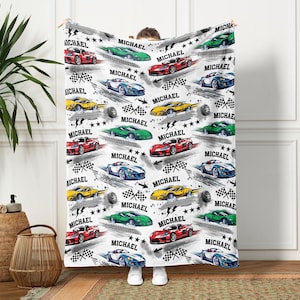 Personalized Race Car Blanket: Custom Name Fleece Blanket for Boys