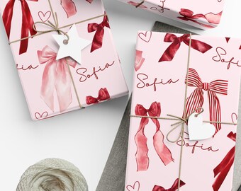 Personalized Coquette Gift Wrap: Red & Pink Bows, Custom Name