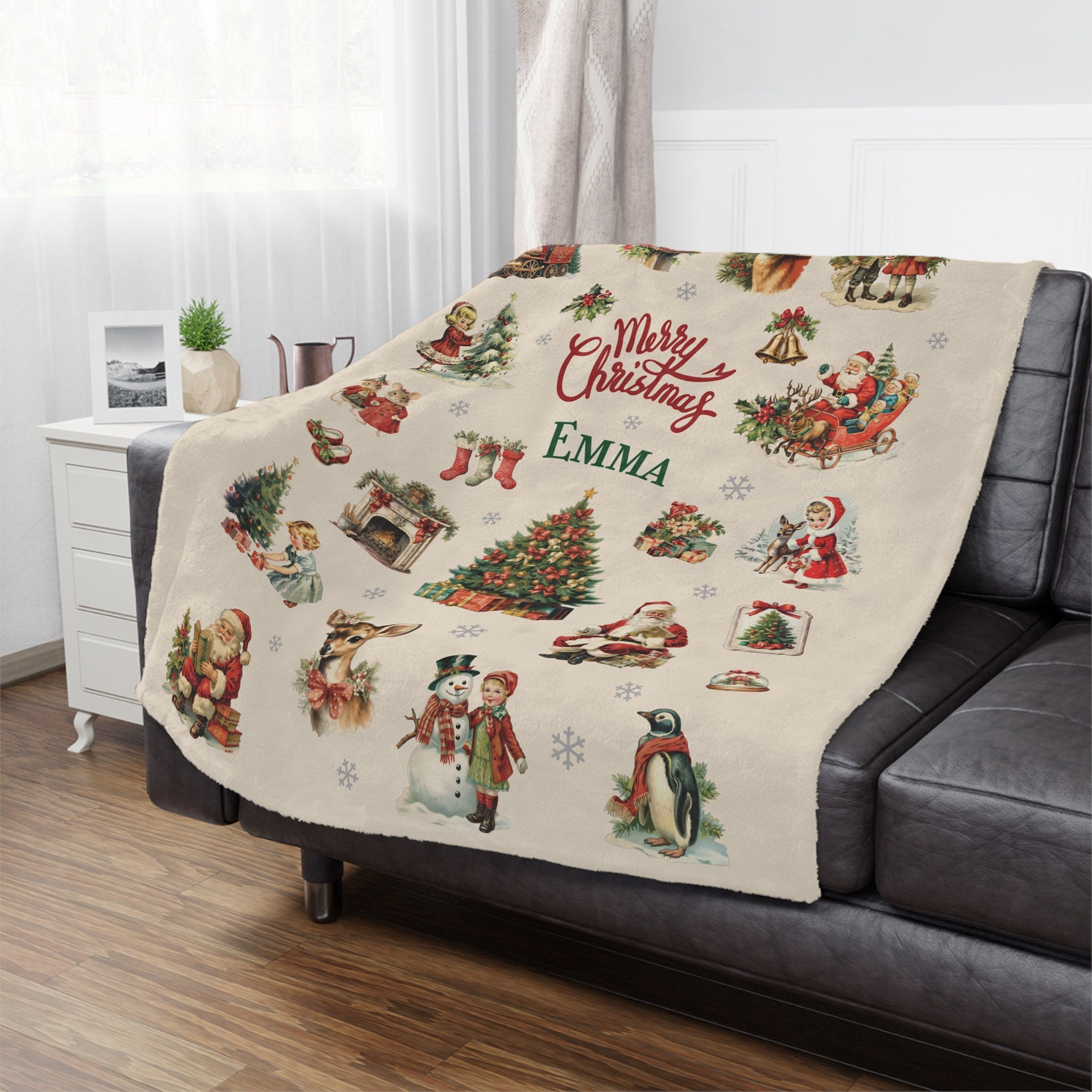 Retro Vintage Christmas Blanket, Personalized Christmas Baby Blanket, Custom Name Blanket, Santa Blanket Gift, Holiday Throw Blanket