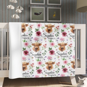 GIRL HIGHLAND COW Baby Blanket Floral Highland Cow Personalized Blanket Toddler Girl Birthday Gift Farm Nursery Newborn Blanket Baby Gift