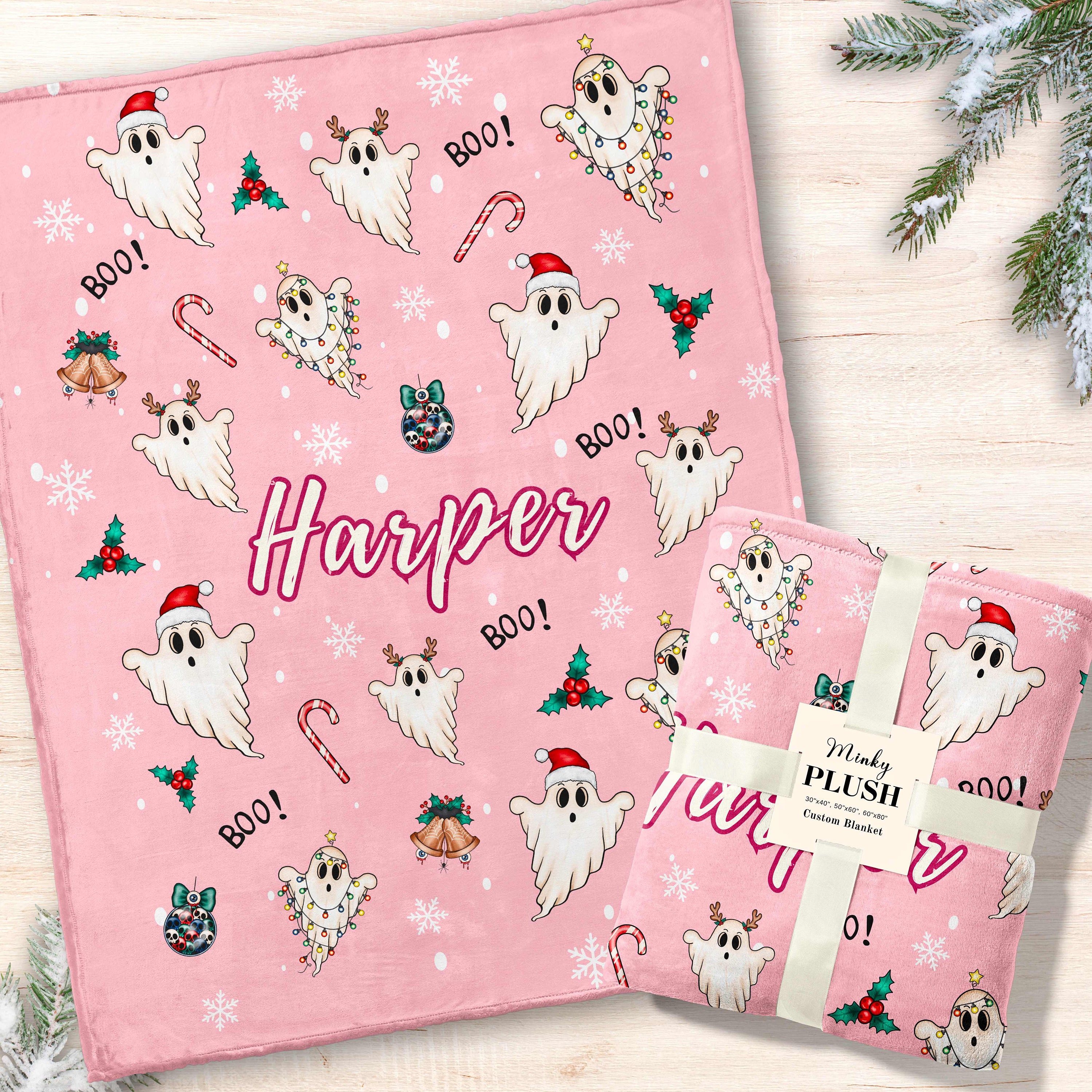 Personalized Pink Ghost Christmas Blanket, Cute Ghost Blanket Plush Halloween, Girl Ghost Theme Blanket, Halloween Gift Baby Kids Teen