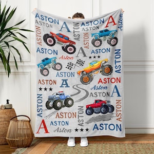 Monster Truck Name Blanket Personalized Monster Trucks Blanket Sherpa Blanket Custom Race Blanket For Kids Birthday Xmas Gift For Toddler