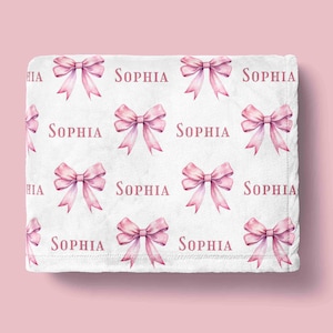 Manta de bebé con lazo rosa personalizada, regalo de coqueta, manta con nombre, regalo para baby shower para niña, manta para bebé con lazo rosa, regalo de cumpleaños para niña pequeña