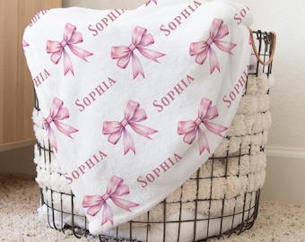 Personalized Pink Bow Baby Blanket: Fleece Coquette Nursery Decor