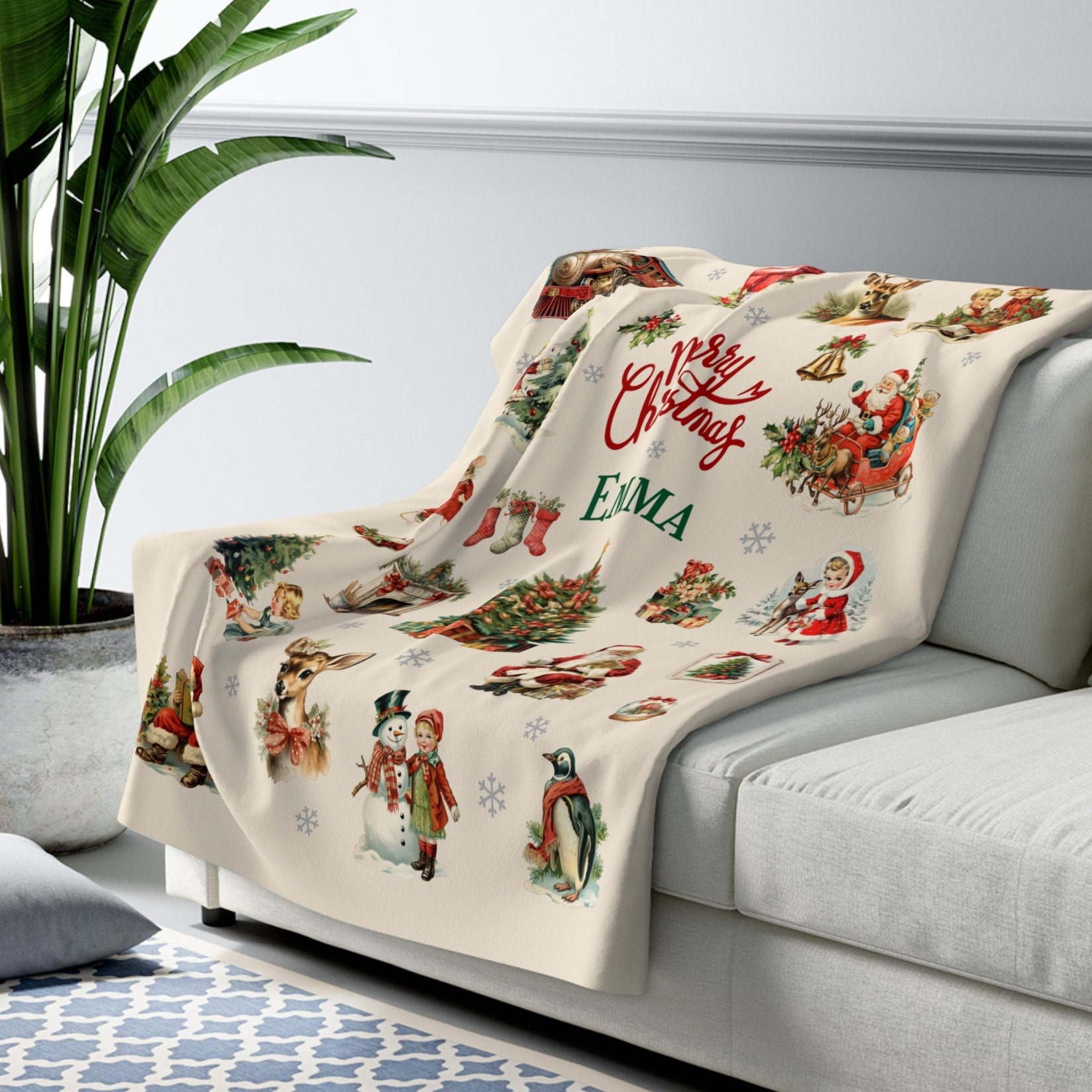 Retro Vintage Christmas Blanket, Personalized Christmas Baby Blanket, Custom Name Blanket, Santa Blanket Gift, Holiday Throw Blanket