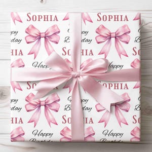 Carta da regalo di buon compleanno con fiocco rosa Carta da regalo rosa per baby shower Rotolo di carta da regalo Coquette personalizzato Carta da regalo personalizzata con nome