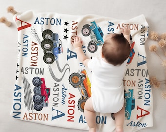 Custom Race Blanket For Kids Birthday - Monster Truck Name Blanket - Personalized Monster Trucks Blanket Xmas Gift For Toddler