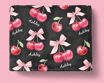 Personalized Cherry Bow Baby Blanket: Custom Coquette Nursery Throw