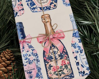 Champagne Bottle Wrapping Paper Champagne with Pink Ribbon Bridal Wedding Wrap Gift Wrap For Her Wedding Wrapping Chinoiserie Gift Wrap Roll