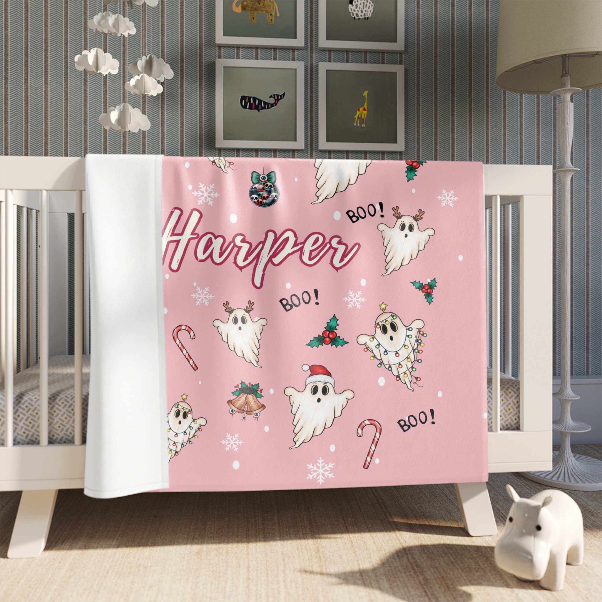 Personalized Pink Ghost Christmas Blanket, Cute Ghost Blanket Plush Halloween, Girl Ghost Theme Blanket, Halloween Gift Baby Kids Teen