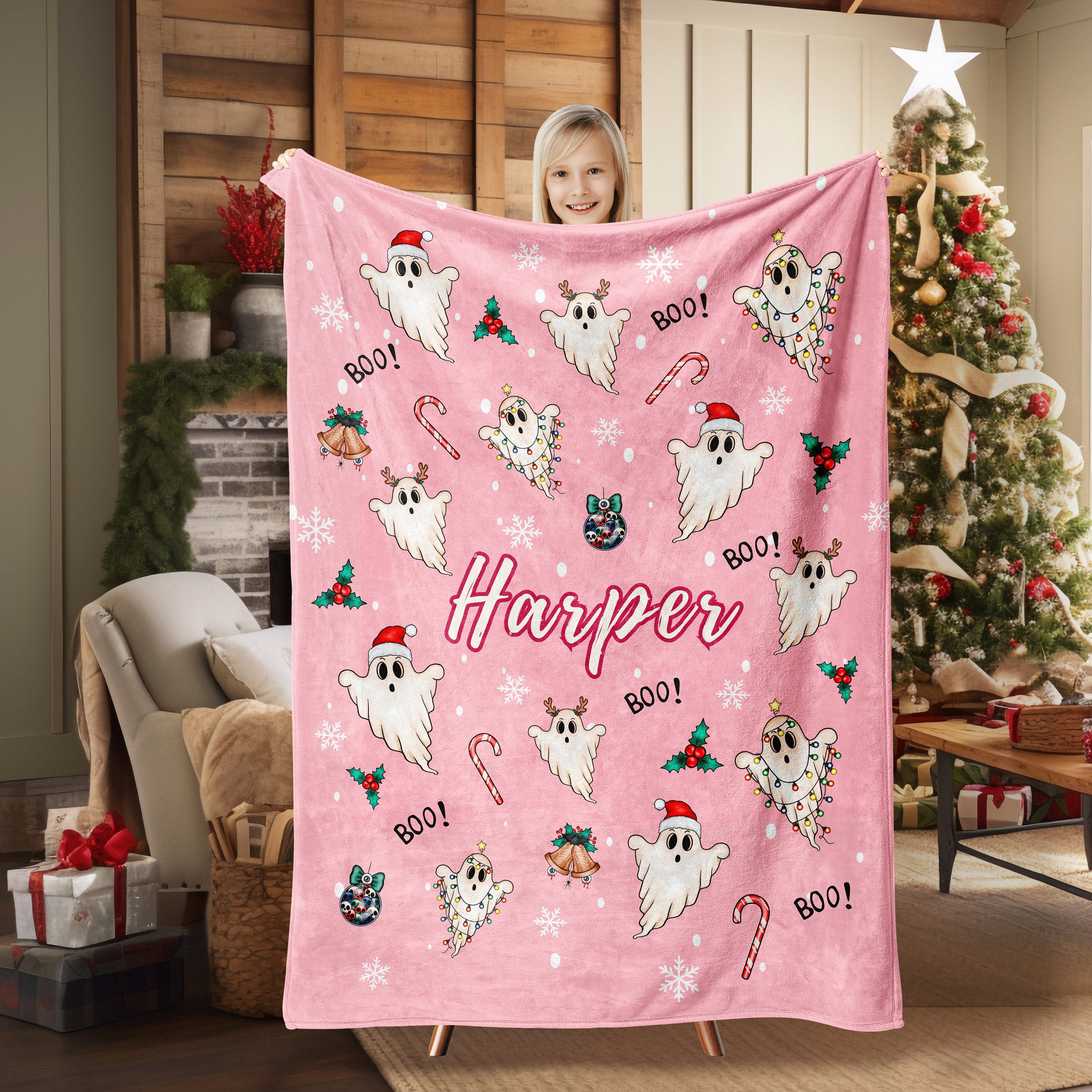 Personalized Pink Ghost Christmas Blanket, Cute Ghost Blanket Plush Halloween, Girl Ghost Theme Blanket, Halloween Gift Baby Kids Teen