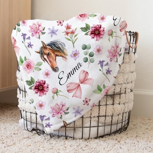 Horse Baby Blanket Custom Horse Name Blanket Pink Coquette, Personalized Horse Blanket For Girl Wild Horse Minky Blanket Horse Lover Gift