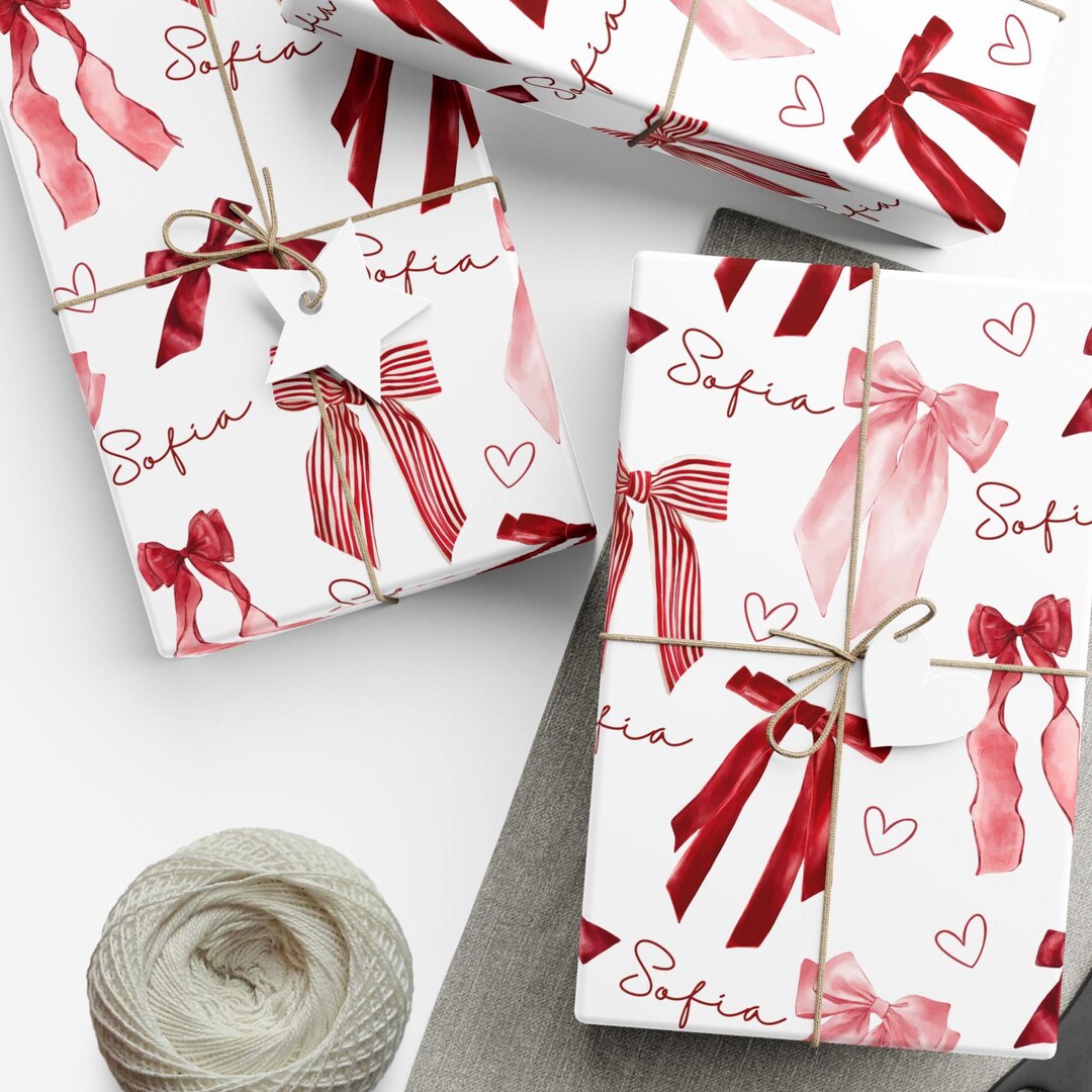 Red Bow Wrapping Sticker Personalized Red and Pink Bow Wrapping Paper, Coquette Birthday Gift ...