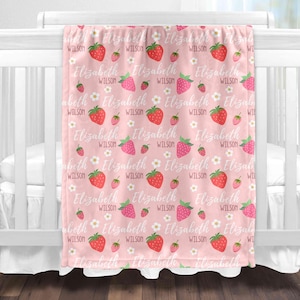 Pink Strawberry Name Blanket for Girl Personalized Baby Blanket Nursery Blanket Gift For Baby Girl Cute Kids Nursery Decor Christmas Gift