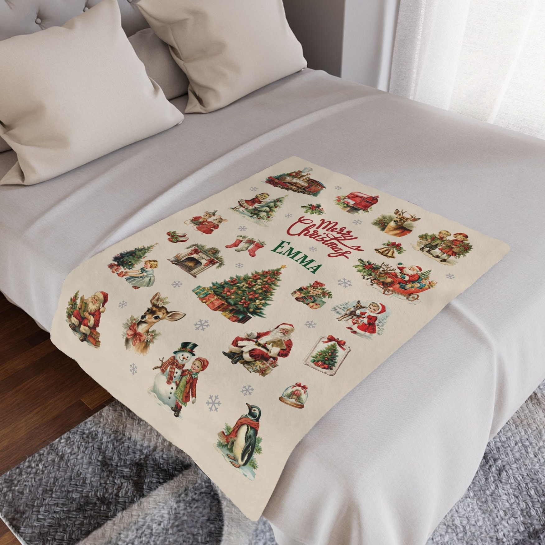 Retro Vintage Christmas Blanket, Personalized Christmas Baby Blanket, Custom Name Blanket, Santa Blanket Gift, Holiday Throw Blanket