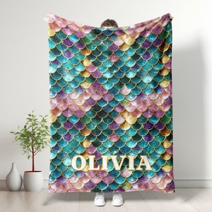 Mermaid Scales Personalized Name Blanket, Gift for Grandchild, Custom Baby Blanket Mermaid Print, Mermaid Kids Personalized Blanket