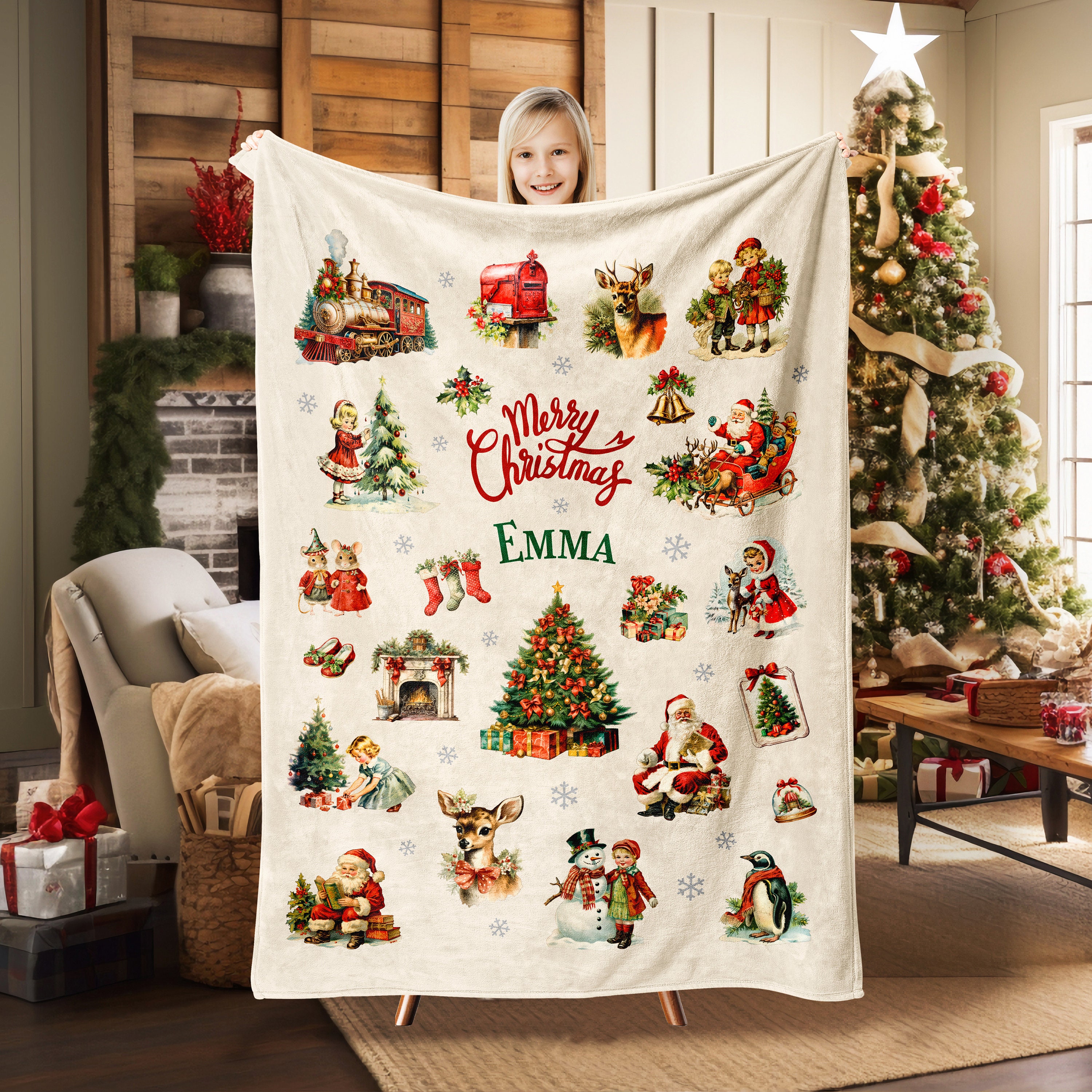 Retro Vintage Christmas Blanket, Personalized Christmas Baby Blanket, Custom Name Blanket, Santa Blanket Gift, Holiday Throw Blanket