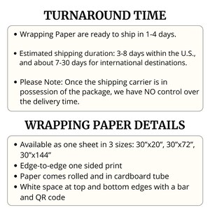May include: Image with text detailing turnaround time and wrapping paper details. Wrapping paper ships in 1-4 days. Available in three sizes: 76cm x 51cm, 76cm x 183cm, and 76cm x 366cm. The paper has an edge-to-edge print and comes rolled in a cardboard tube.