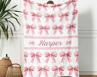 Manta personalizada con lazo rosa, manta con nombre, manta para coqueta, manta para hija, manta con lazo rosa, regalo suave para niña, regalo para novia
