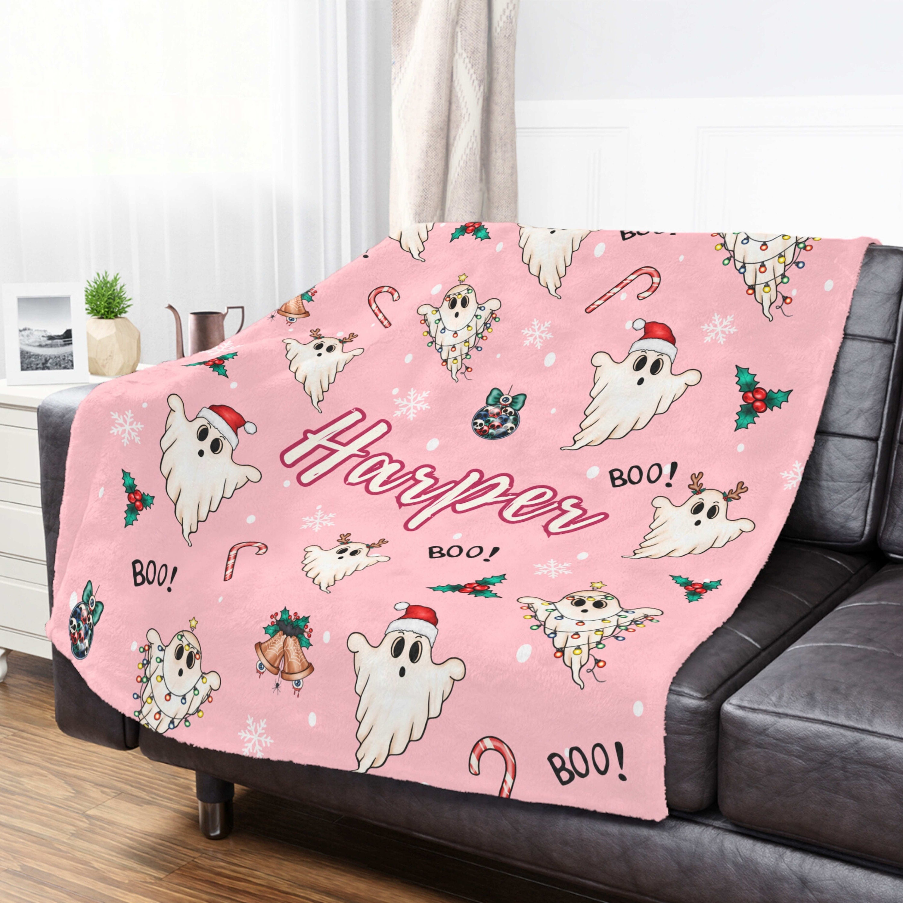 Personalized Pink Ghost Christmas Blanket, Cute Ghost Blanket Plush Halloween, Girl Ghost Theme Blanket, Halloween Gift Baby Kids Teen