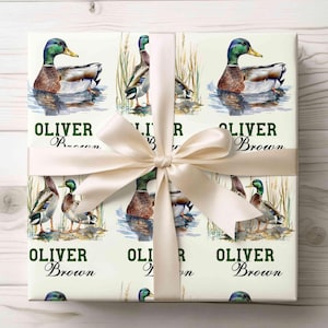 Rotolo di carta da regalo personalizzata con anatra selvatica, carta da regalo con nome, carta da regalo per la caccia all'anatra per lui, carta da regalo per gli amanti delle anatre