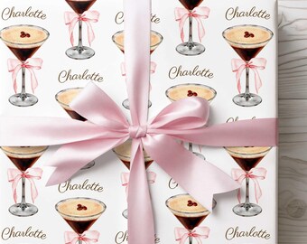 Gepersonaliseerde inpakpapier voor espresso-martini: cadeaupapier met roze strik flirt