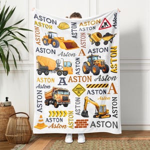 Couverture personnalisée pour bébé camion de construction, couverture de camion de construction pour enfants avec nom, camion à benne basculante, couverture de tracteur, cadeau d&#39;anniversaire pour garçon