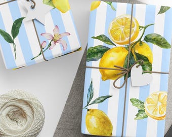 Lemon Wrapping Paper: Blue Stripe Summer Celebration Gift Wrap