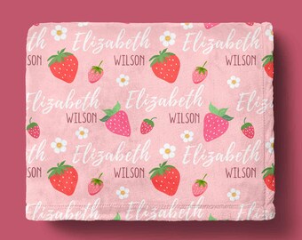 Personalized Strawberry Baby Blanket: Floral Nursery Decor, Soft Fleece