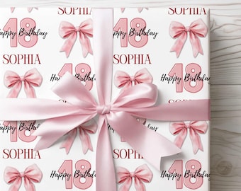 Personalized 18th Birthday Wrapping Paper: Pink Bow Coquette Gift Wrap