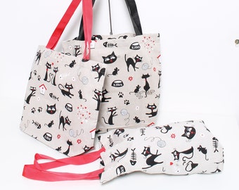 STOFFTASCHE STOFFBEUTEL KATZE in drei Designs Baumwolltasche 43 x 34 x 12 cm