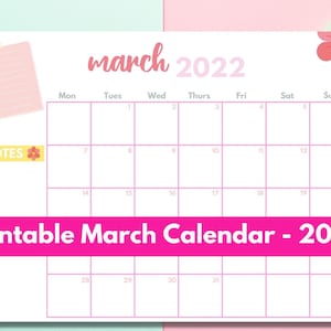 Maart 2022 Afdrukbare kalender + sectie notities, kalender voor ordners, schoolkalender, leuke schoolplanner, pdf, US LETTER,