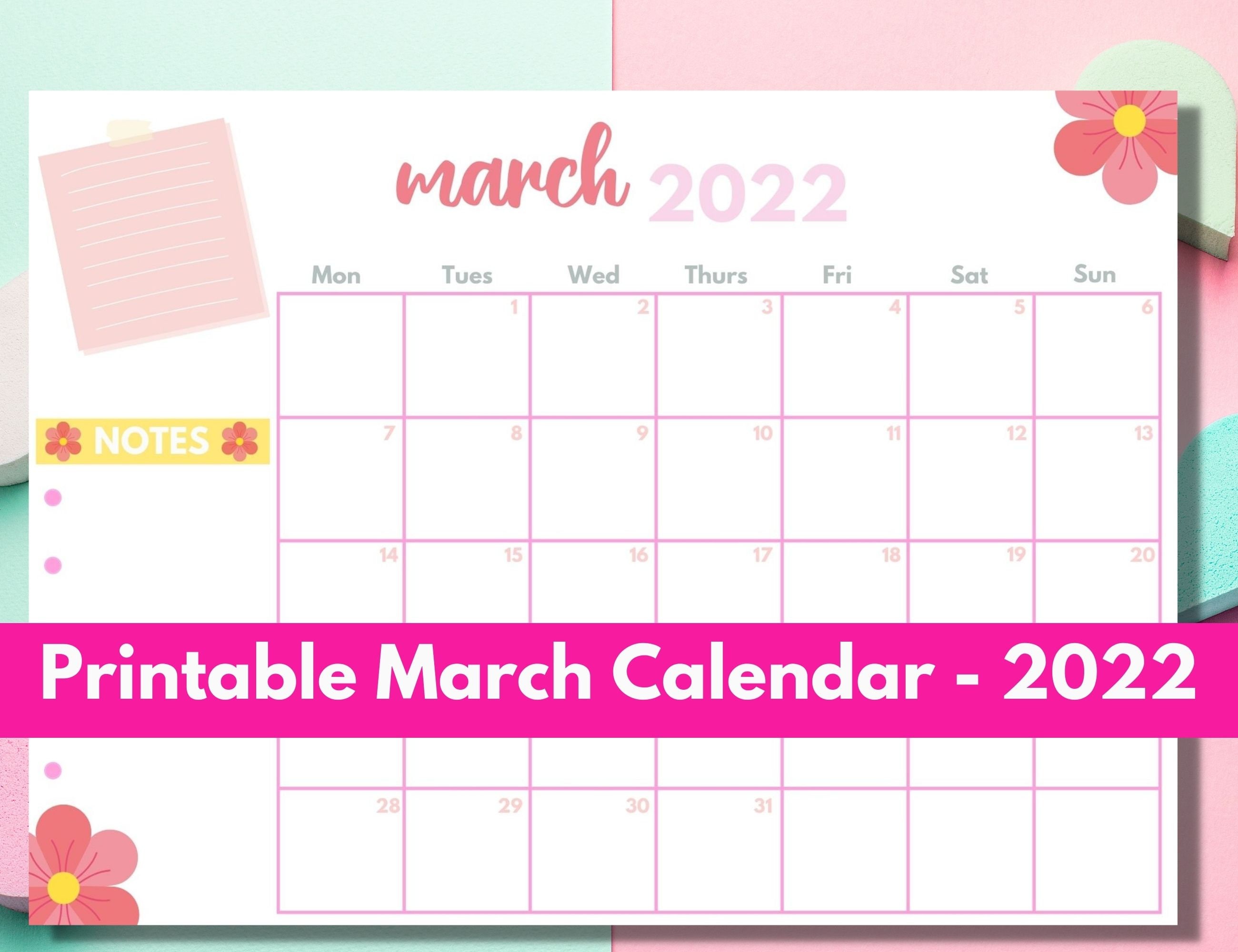 March 2022 printable calendar notes section calendar for binders