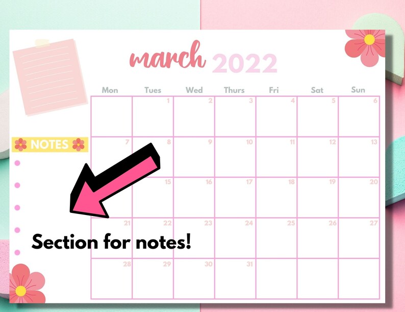 March 2022 printable calendar notes section calendar for binders