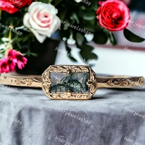 Anillo de boda de ágata de musgo natural anillo de promesa Art Deco único corte baguette verde ágata regalos de aniversario anillo delicado anillo minimalista