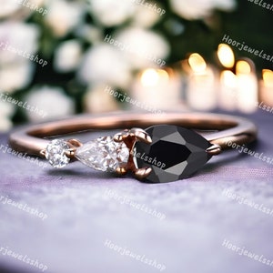 Vintage Black Onyx Engagement Ring,Pear Cut Gems,Art Deco Moissanite Wedding Band,3 Stone Unique Women Bridal Promise Ring Gift, Custom Ring