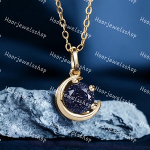 Dainty Round Blue Sandstone Pendant Necklace Silver/14K Yellow Gold Starry Sky Blue Goldstone Wedding Necklace Unique Crescent Moon Necklace