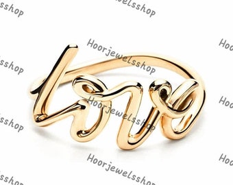14K Solid Gold Love Ring, 925 Sterling Silver Love Ring, Script love ring, Dainty Love ring, Valentine&#39;s Day Gift, Mother&#39;s Day Gift