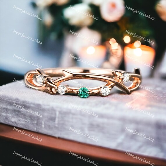 Unique Emerald Wedding Band 14K Rose Gold Infinity Ring Vintage