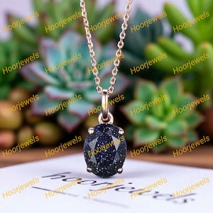 Dainty Oval Blue Sandstone Pendant Necklace, Silver/14K Yellow Gold Blue Goldstone Wedding Necklace, Unique Galaxy Necklace, Christmas Gift