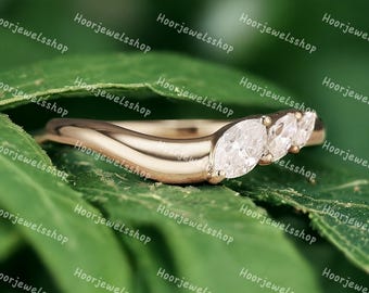 Marquise Moissanite wave ring Curved contour wave band ring Wedding band Marquise Gold Silver ring Chunky curved Ring Stackable ring Gifts