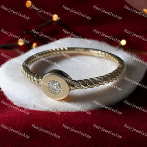 14K Solid Gold Simulated Diamond Braided Wedding Band, Round Single Stone Engagement Ring Bride, Bezel Setting Twist Rope Promising Jewelry