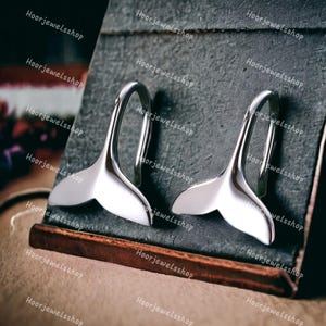 Whale Tail Drop Hook Earrings in Sterling Silver, Silver or Gold or Rose Gold, Fish Tail Earrings, Fish Earrings, Silver Fish tiny Earrings