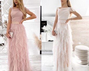 Elegant Women's Powder & White Maxi Dress Tulle Dress Lace Dress Wedding Dress Long Prom Dress Ball Gown for Occasion Dress Graduation